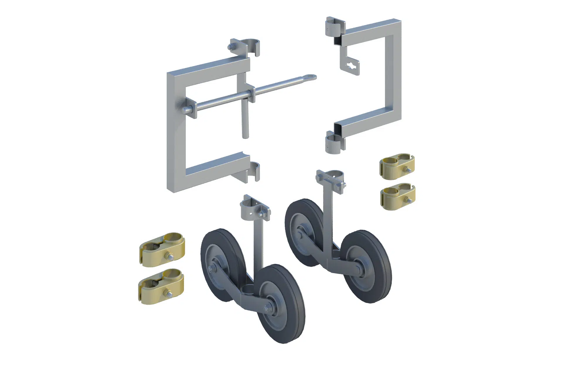 Vehicle gte conversion kit featuring gate hinge couplers, latch and wheels